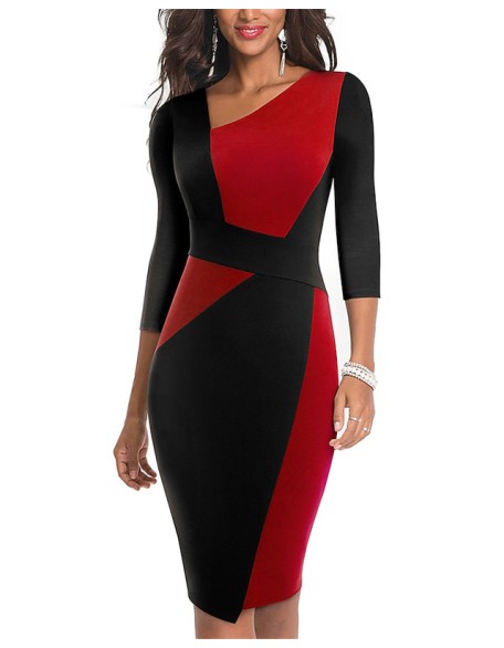 Patchwork V Neck Women Work Dresses Sheath Dress Semi Formal Dress Fashion Midi Dress