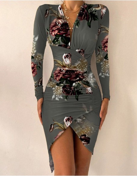 Print Long Sleeve Bodycon Irregular Dresses