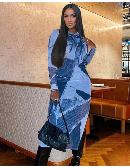 Round Neck High Waist Fashion Denim Printed Long Sleeved Dress