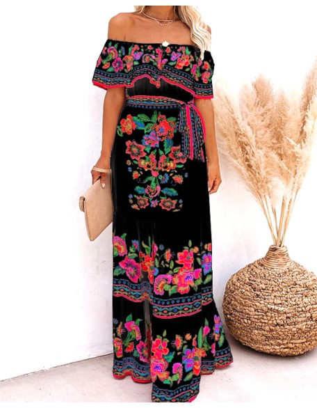 Women's Swing Long Maxi Dress Short Sleeve Floral Cold Shoulder Romantic Vacation Summer Dress